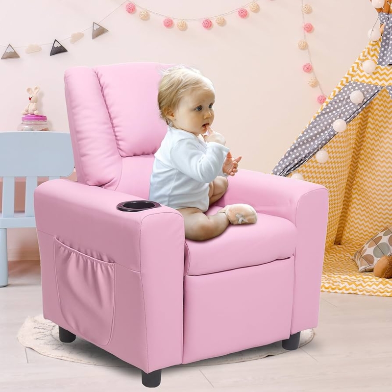 Playroom Seating: High Back Leather-like Recliner with Cup Holder