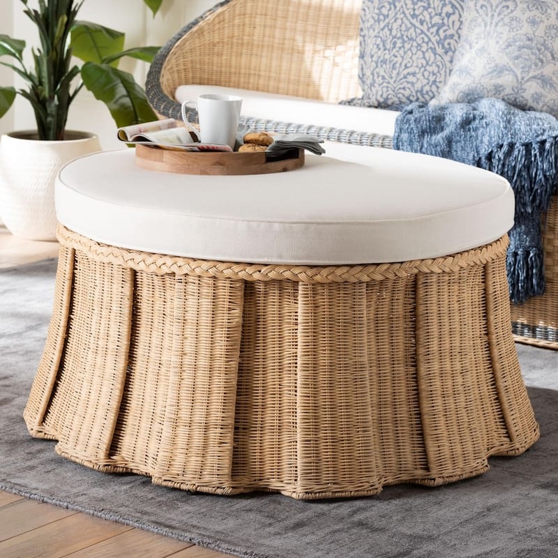 Pleated Rattan Ottoman Braided Trim Scalloped Base Coastal