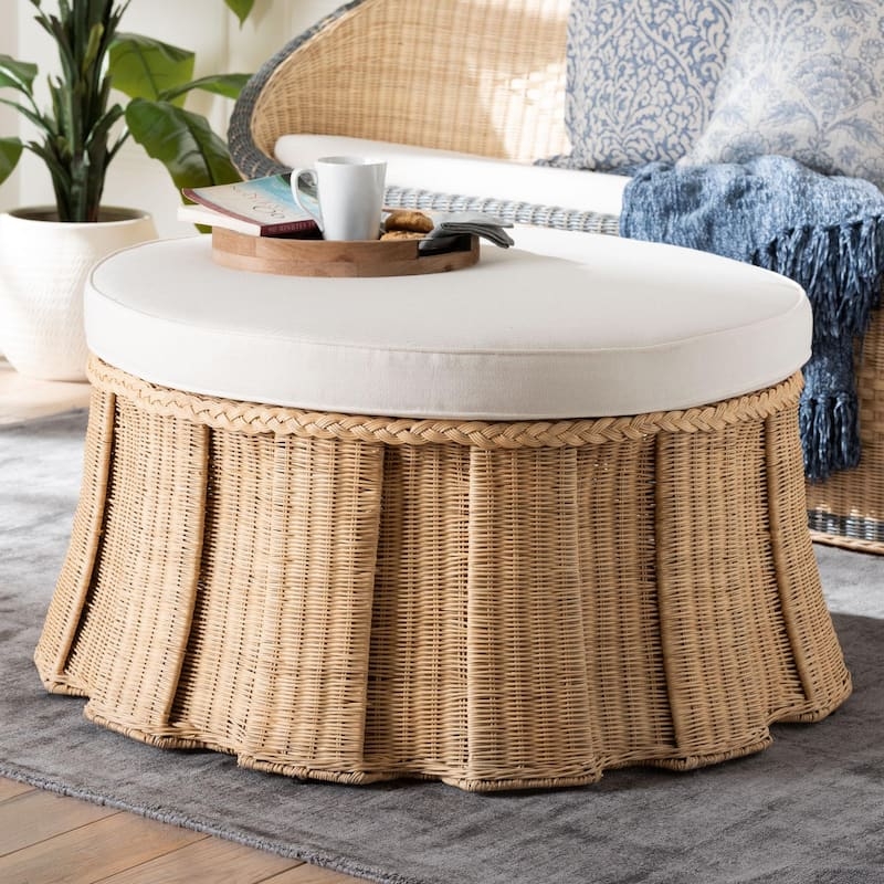 Pleated Wicker Skirt Ottoman featuring Braided Trim Detail