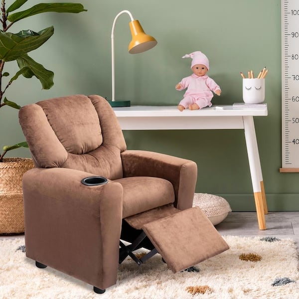 Plush Kids Recliner: Cocoa Brown Fabric with Cup Holder