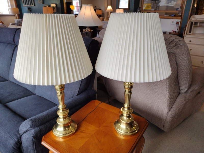 Polished Brass Table Lamp Pair with Fluted Columns and Pleated Shades