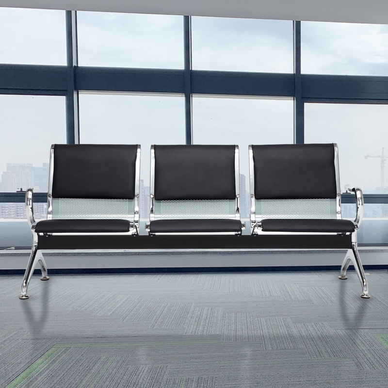 Polished Chrome Bench Three Seat Perforated Back Black Waiting Room
