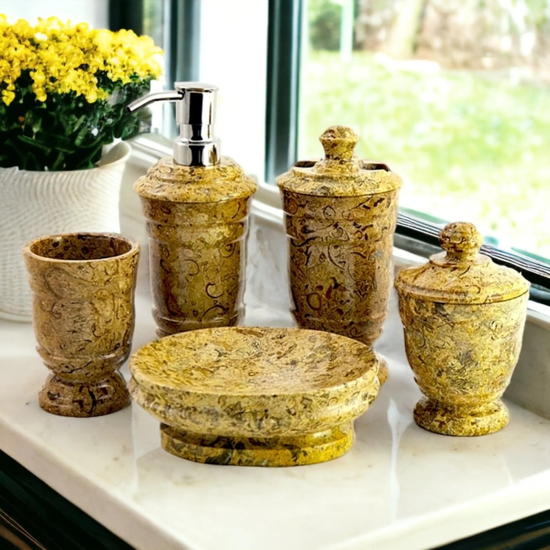 Polished Fossil Stone Bathroom Set with Warm Golden Inclusions