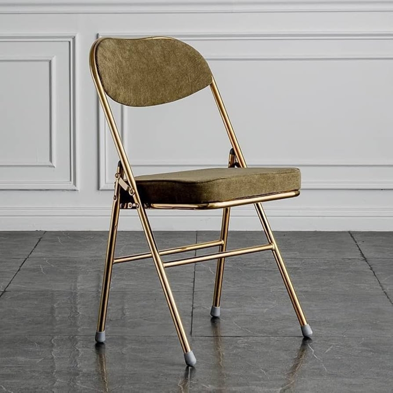Polished Gold Folding Chair Olive Green Ribbed Upholstery Curved Back