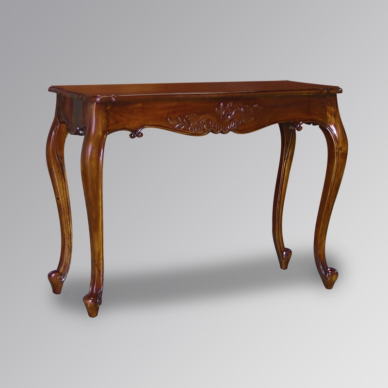 Polished Mahogany Hallway Table: Beveled Edge, Carved Apron, Pad Feet