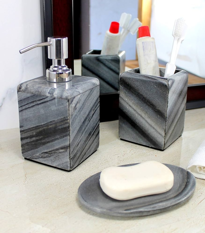 Polished Natural Stone Bathroom Set featuring Bold Diagonal Veining