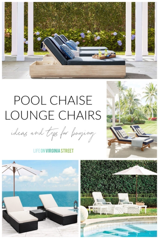 Pool Chaise Lounge with Navy Cushions and White Piping Detail