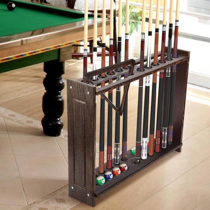Pool Cue Rack Traditional Dark Walnut Wood with Slim Profile