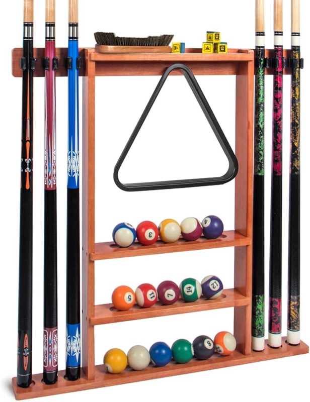 Pool Cue Rack Wall Mount Wood Toned with Accessory Ledge