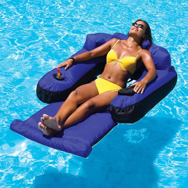 Pool Lounger: Navy Blue U-Shaped Frame with Integrated Leg Rest.