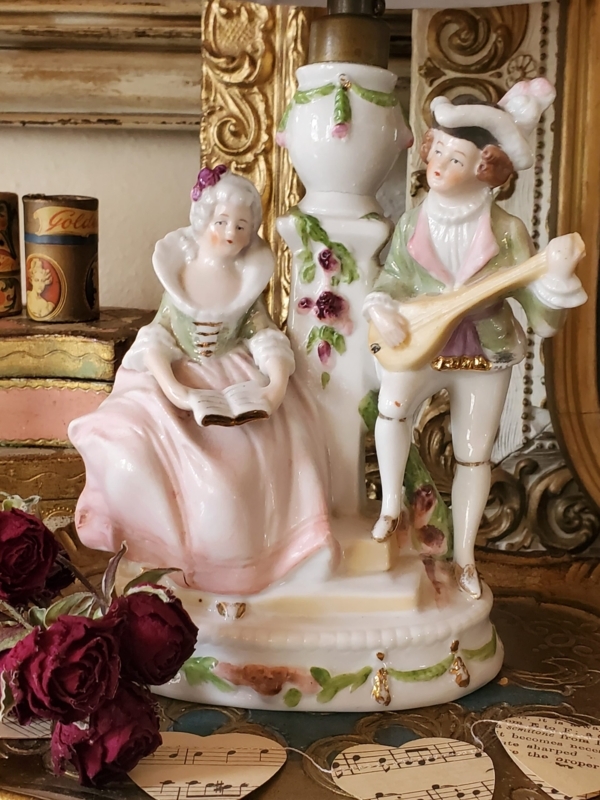 Porcelain Figural Lamp: Courting Couple, Musical Instrument, Floral Swags