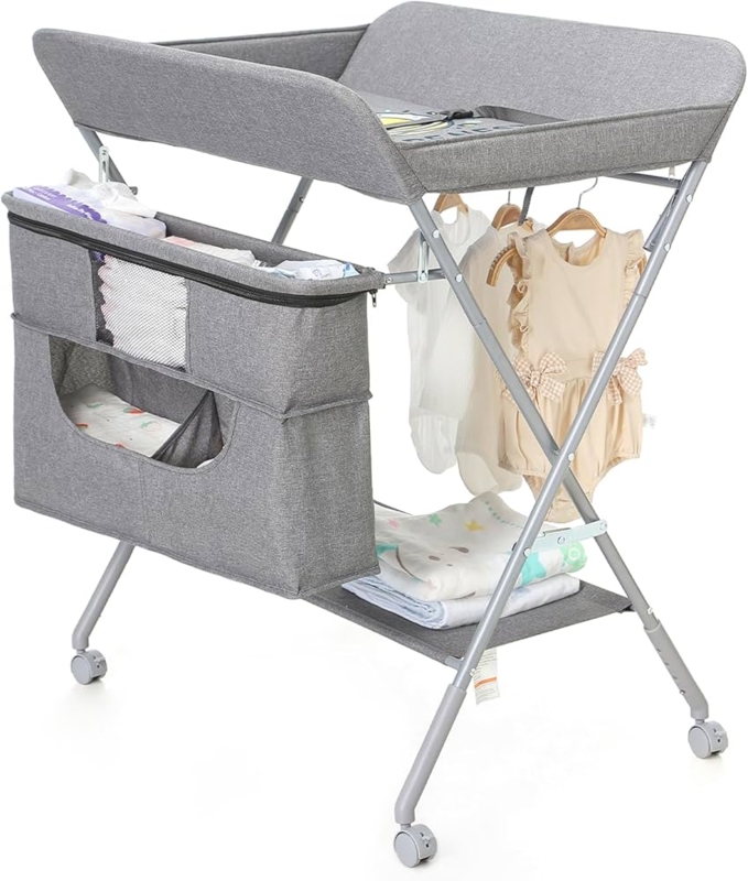Portable Baby Changing Station, Light Grey, Foldable X-Frame, Hanging Rail