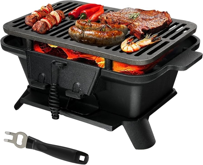 Portable Cast Iron Grill Spiral Wire Handle Air Regulating Door Camping