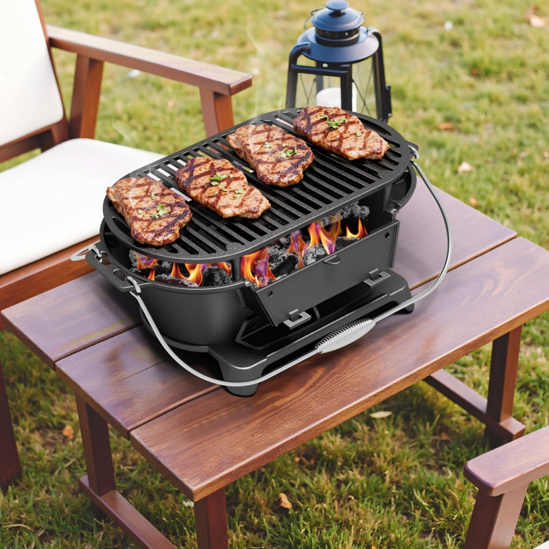 Portable Cast Iron Grill Spring Handle Footed Base Backyard Cooking