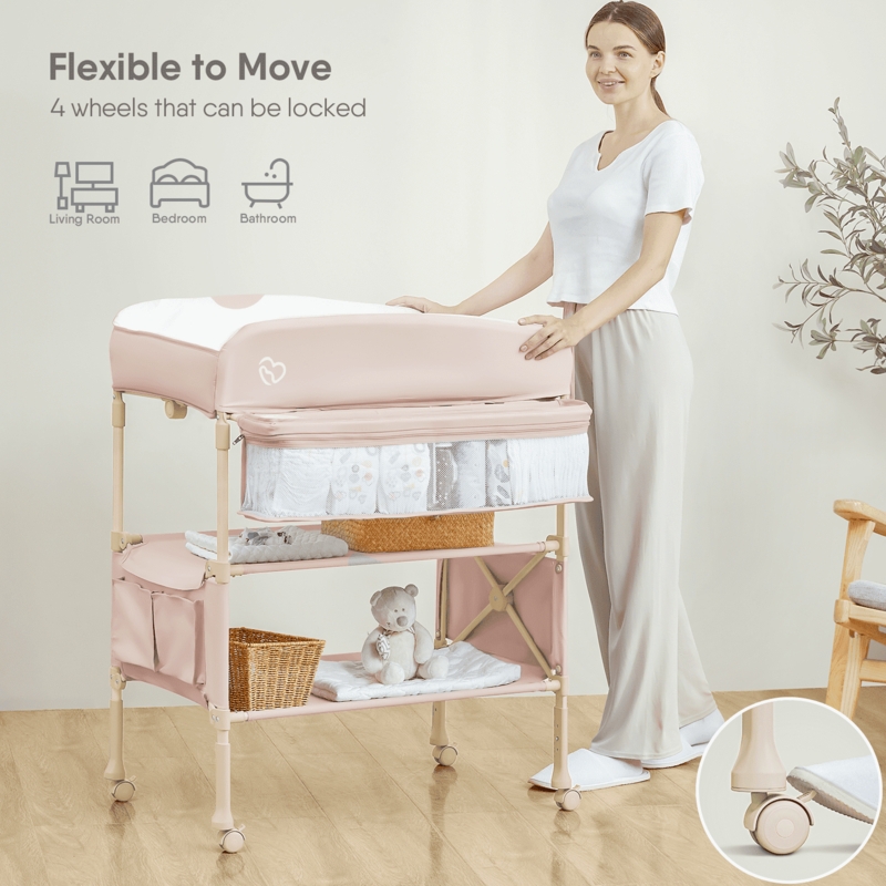 Portable Changing Table, Dusty Pink Fabric, Mesh Diaper Organizer, Wheels
