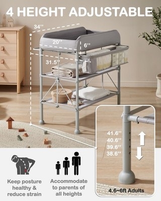 Portable Changing Table, Gray Metal, Waterproof Mat, Adjustable Height