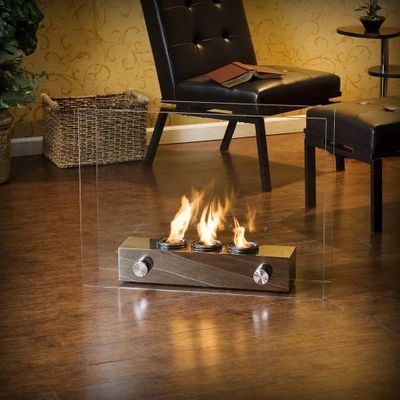 Portable Fireplace Glass Guard Wood Toned Base Metal Knobs