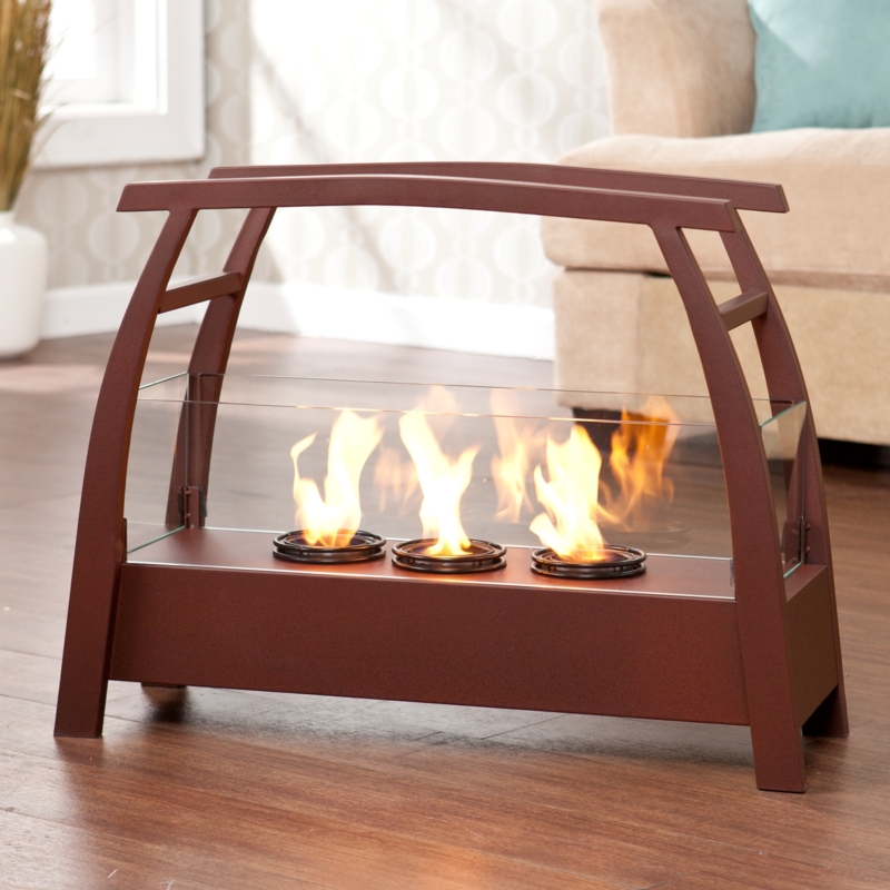 Portable Fireplace Rustic Red Finish Curved Side Supports Metal