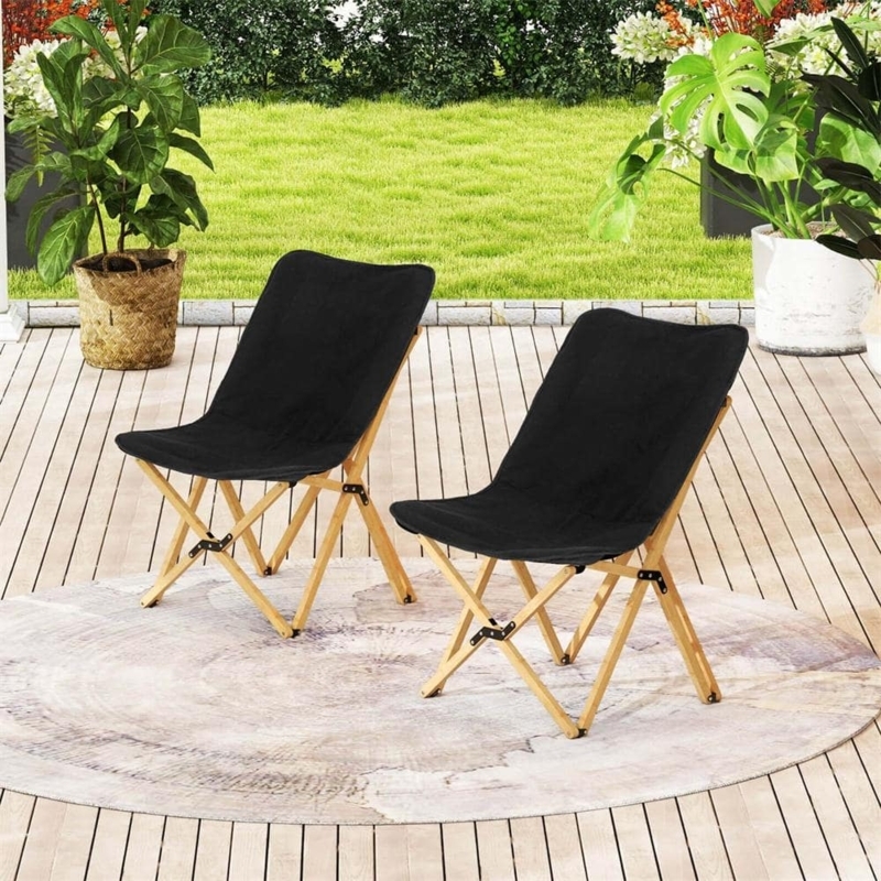 Portable Folding Chair Set with Bamboo Frame and Matte Black Sling
