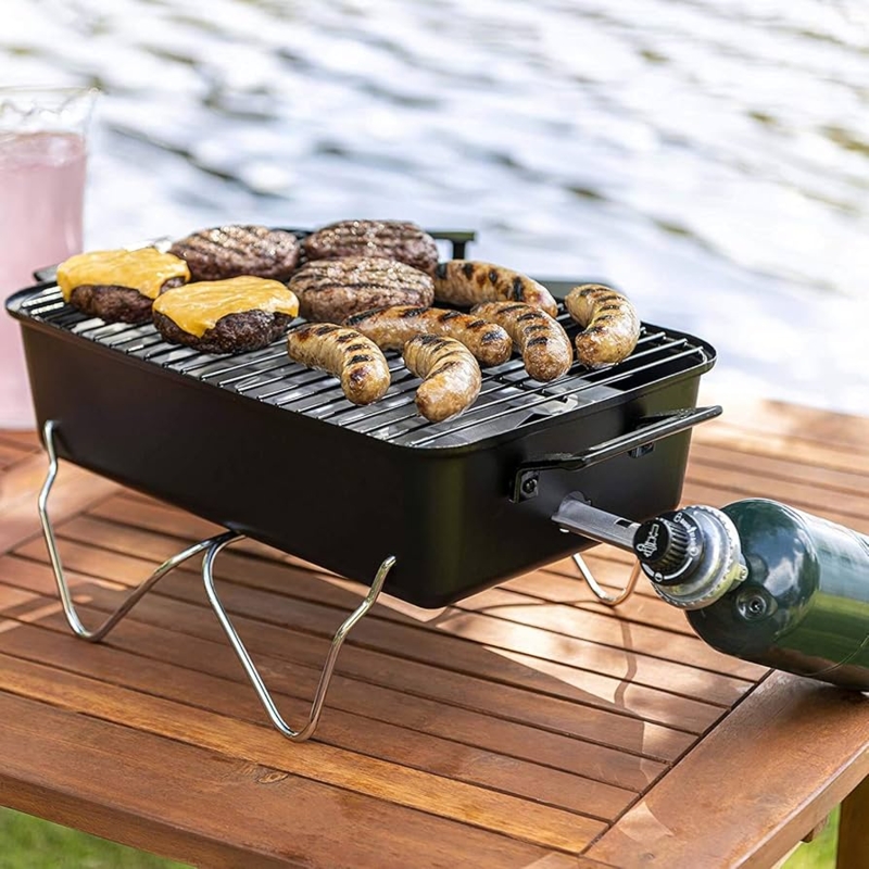 Portable Gas Grill Foldable Legs Matte Black Compact Camping BBQ
