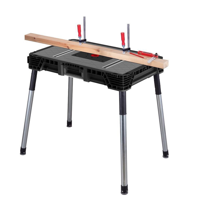 Portable Jobsite Workbench Gray Grid Textured Surface Integrated Clamps