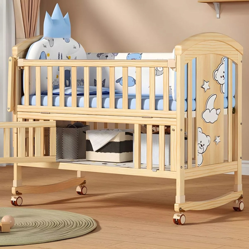 Portable Wooden Baby Crib featuring Convertible Rocker Base and Casters
