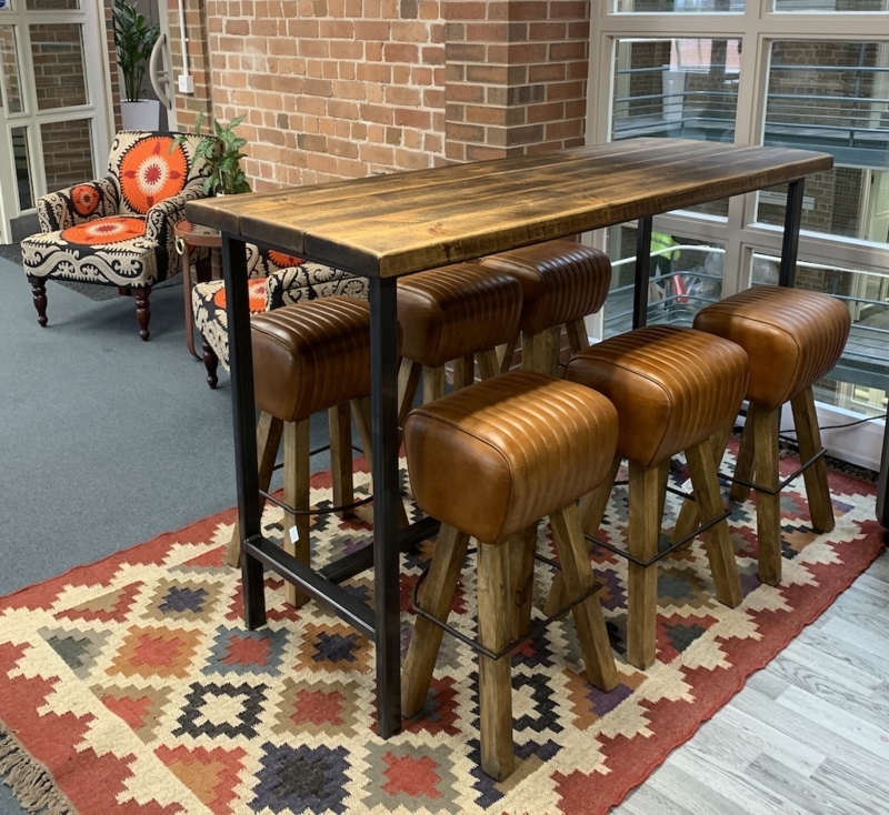 Poseur Table Set with Vintage Pommel Horse Stools and Ribbed Upholstery