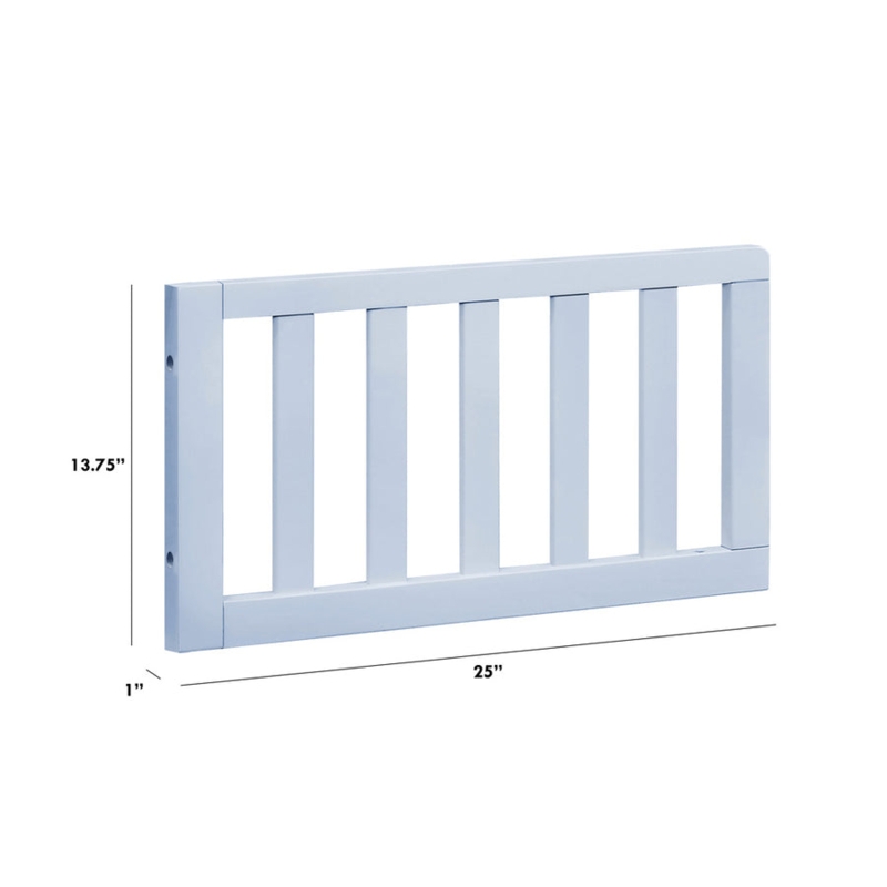Powder Blue Toddler Bed Guardrail: 25-Inch Width with Vertical Slats.