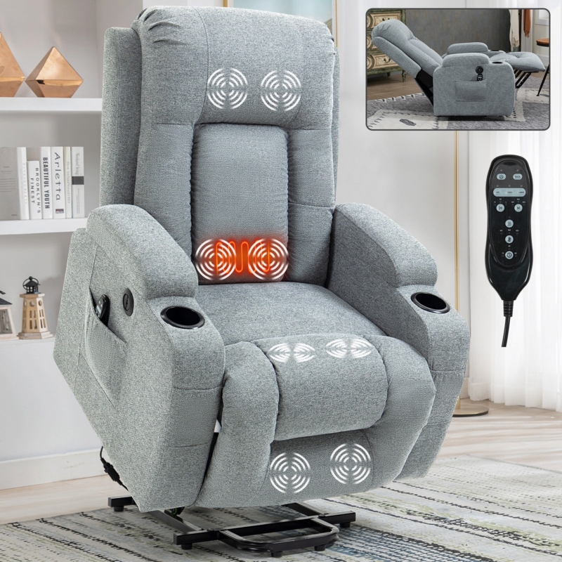 Power Lift Recliner: Heather Gray Fabric Heat Massage with Cup Holders