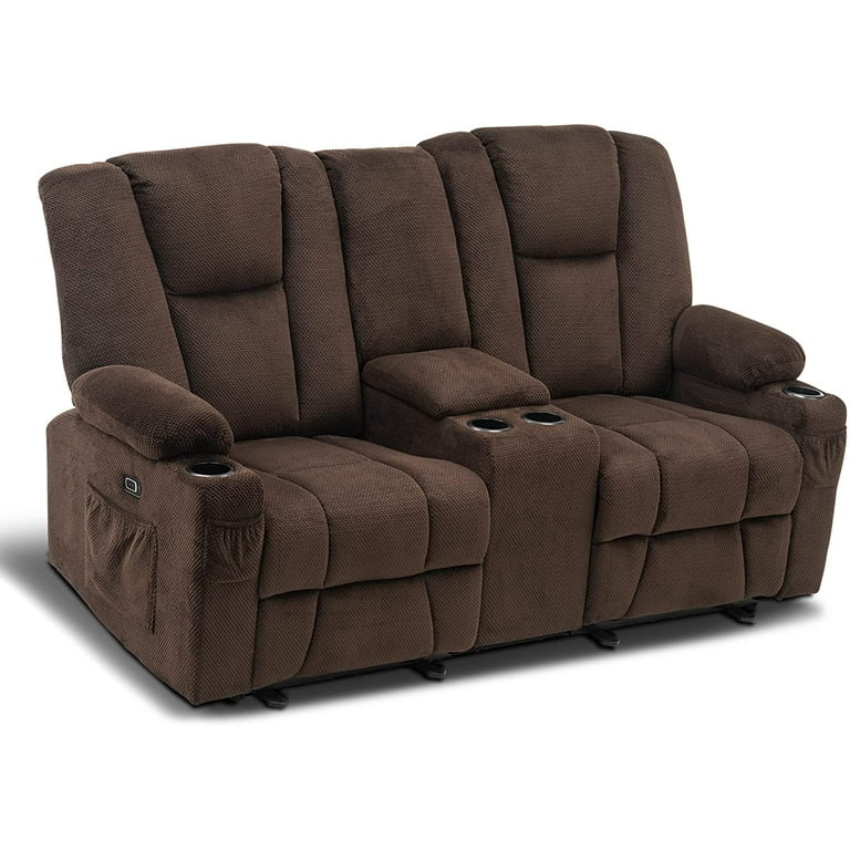 Power Recliner Loveseat: Brown Waffle Fabric, Massage & USB