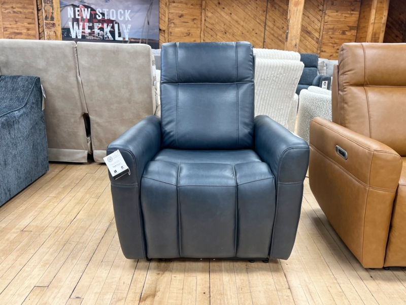 Power Recliner Navy Marine Leather-Look Vertical Panel Stitching
