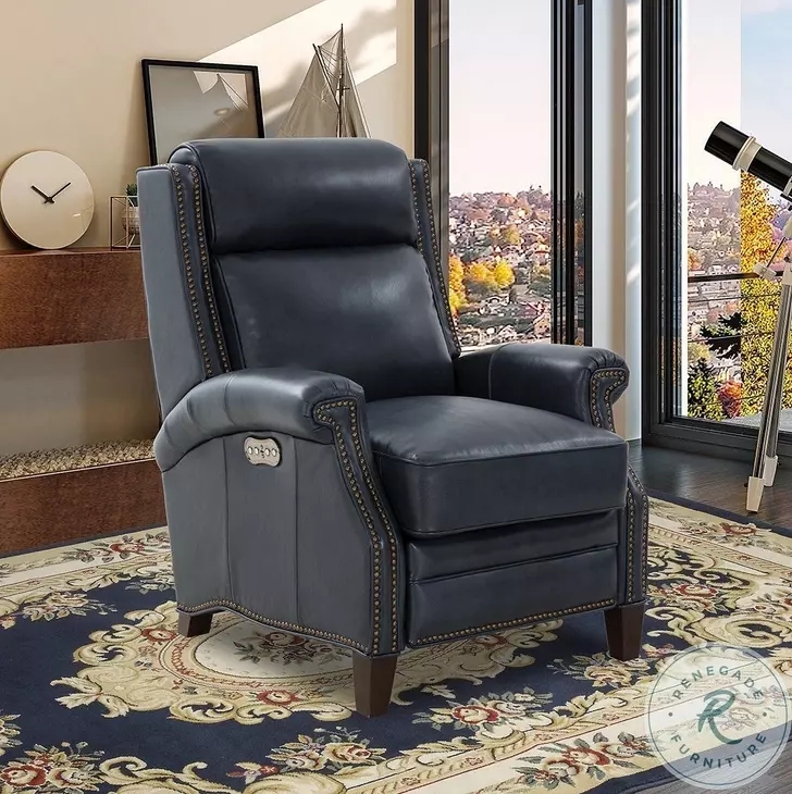 Power Recliner Traditional Navy Blue Leather Brass Nailhead Accents