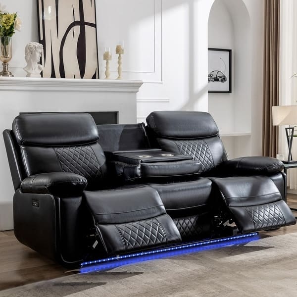 Power Reclining Sofa: Black Diamond Quilted Leather-Like with LED