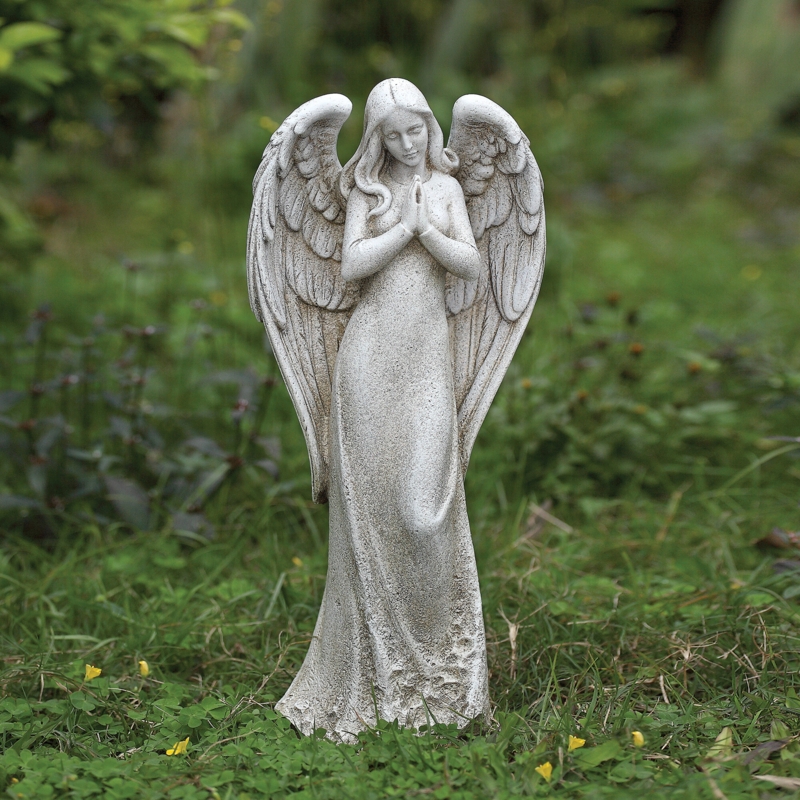 Praying Angel Sculpture, Weathered Stone, with Floor Length Robe