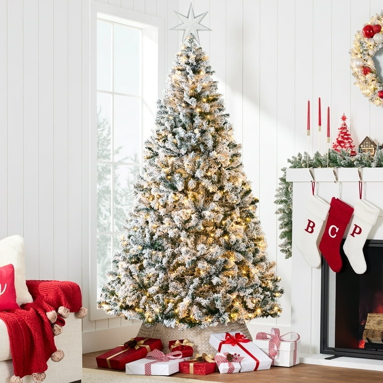 Pre-Lit Flocked Pine Christmas Tree with Woven Tree Collar