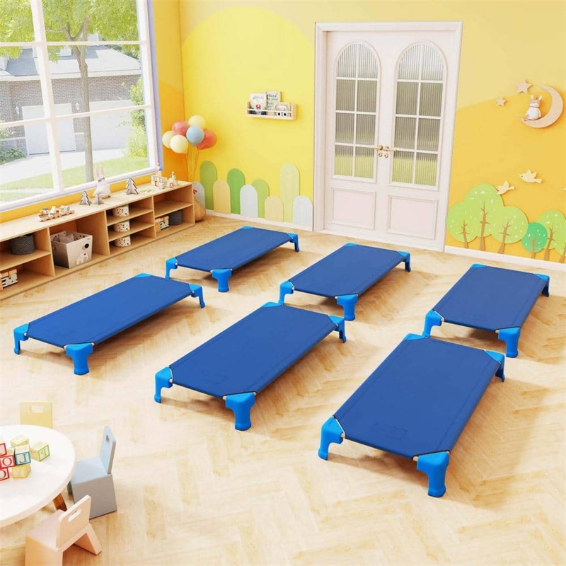 Primary Blue Daycare Cots, Heavy Duty Frame, Mesh Surface, Stackable.
