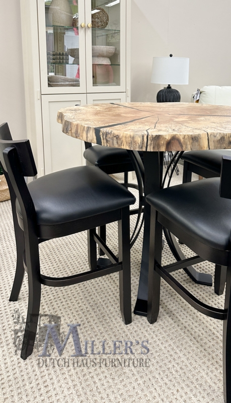 Pub Dining Set: Live Edge Slab Top, Curved Pedestal. Modern Rustic Style.