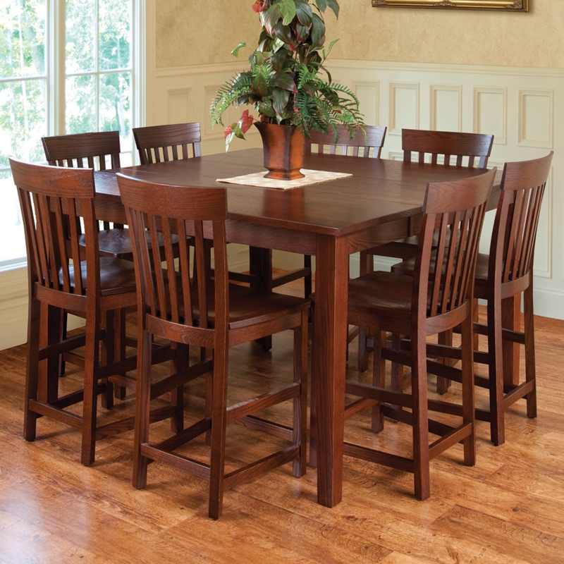 Pub Dining Set: Mission Style Walnut Square Top Seats Eight.