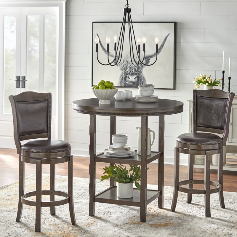 Pub Dining Set: Round High Top Table with Integrated Shelving.