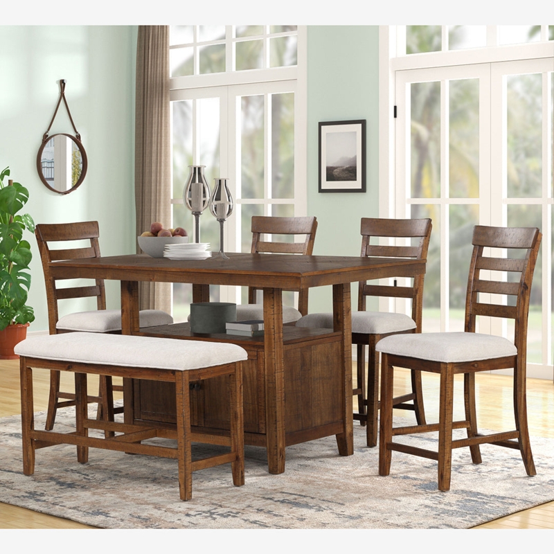Pub Height Dining Set with Storage Base Matching Bench Walnut Brown