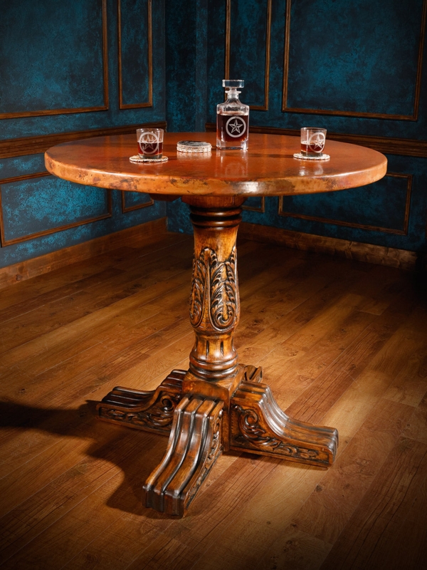 Pub Table: Copper Top, Carved Pedestal Base. Round Copper Bar Table.