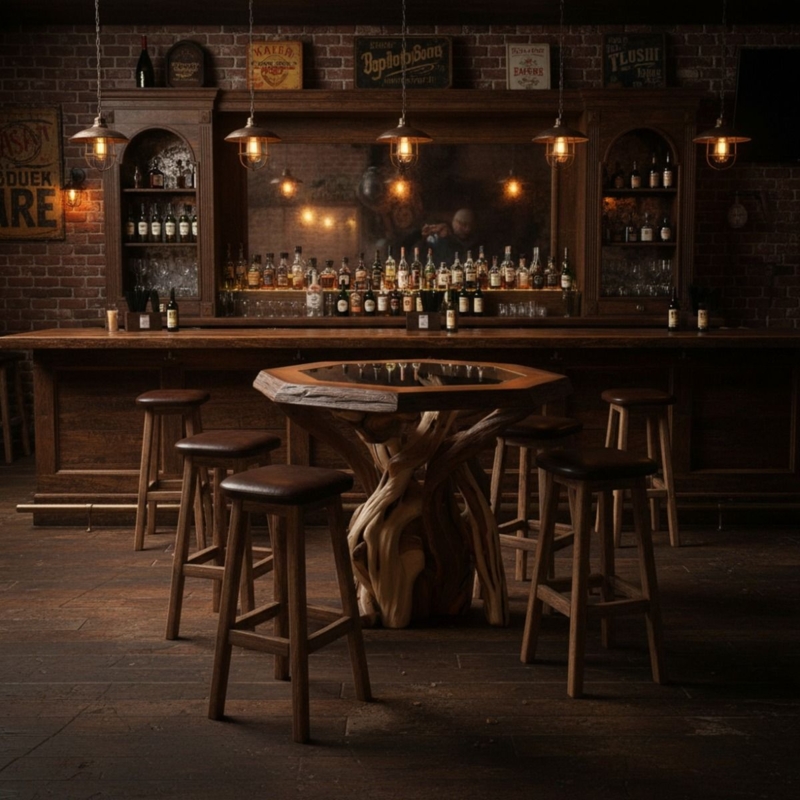 Pub Table: Octagonal Top with Inlaid Glass. Twisted Root Pub Table.