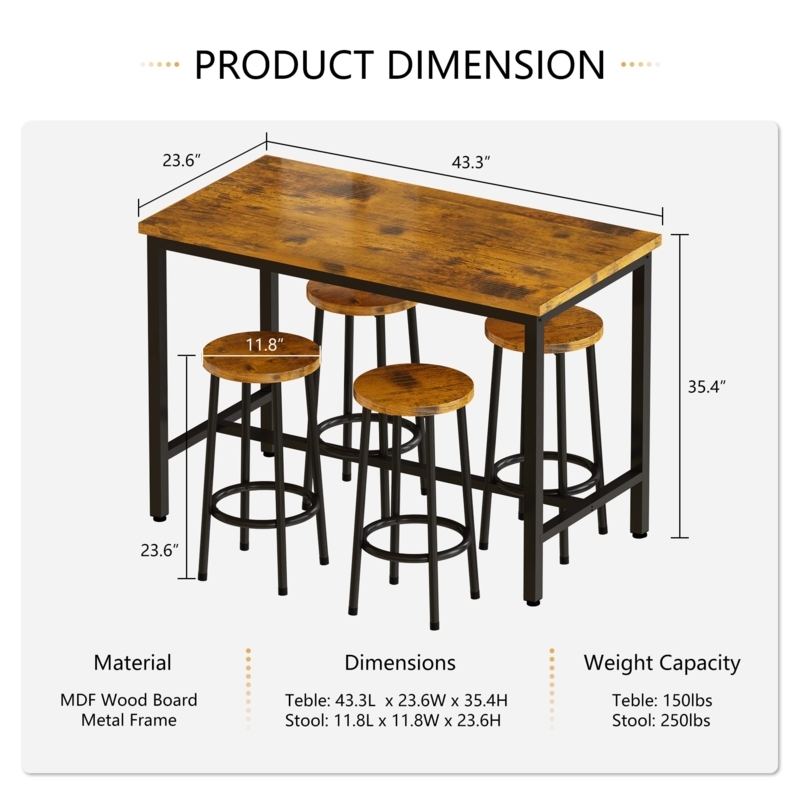 Pub Table Set 5-Piece Rustic Brown Black Frame 4 Stool Kitchen Nook
