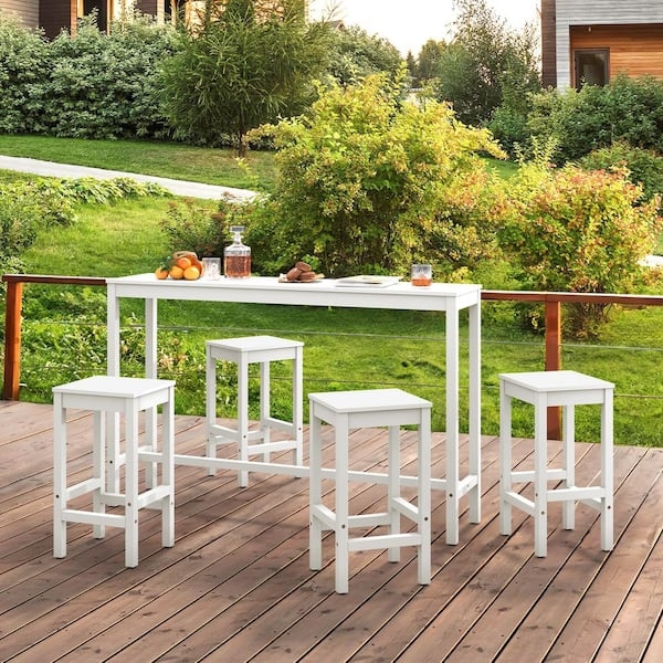 Pub Table Set All White 5 Piece Backless Stools Indoor Outdoor Patio