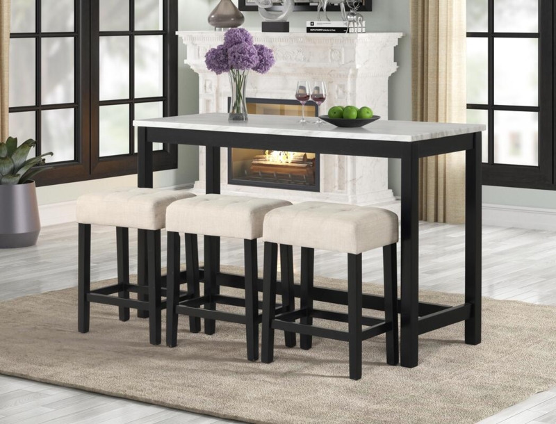 Pub Table Set: Black Frame Transitional, Cream Tufted Backless Stools.