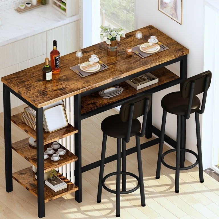 Pub Table Set Brown Wood Tone with Under Table Shelf