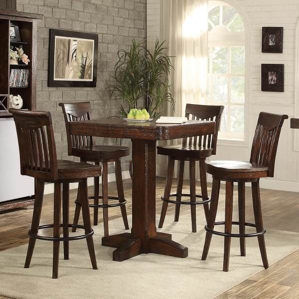 Pub Table Set: Dark Walnut Square Top, Rustic Slatted Back Bar Stools.