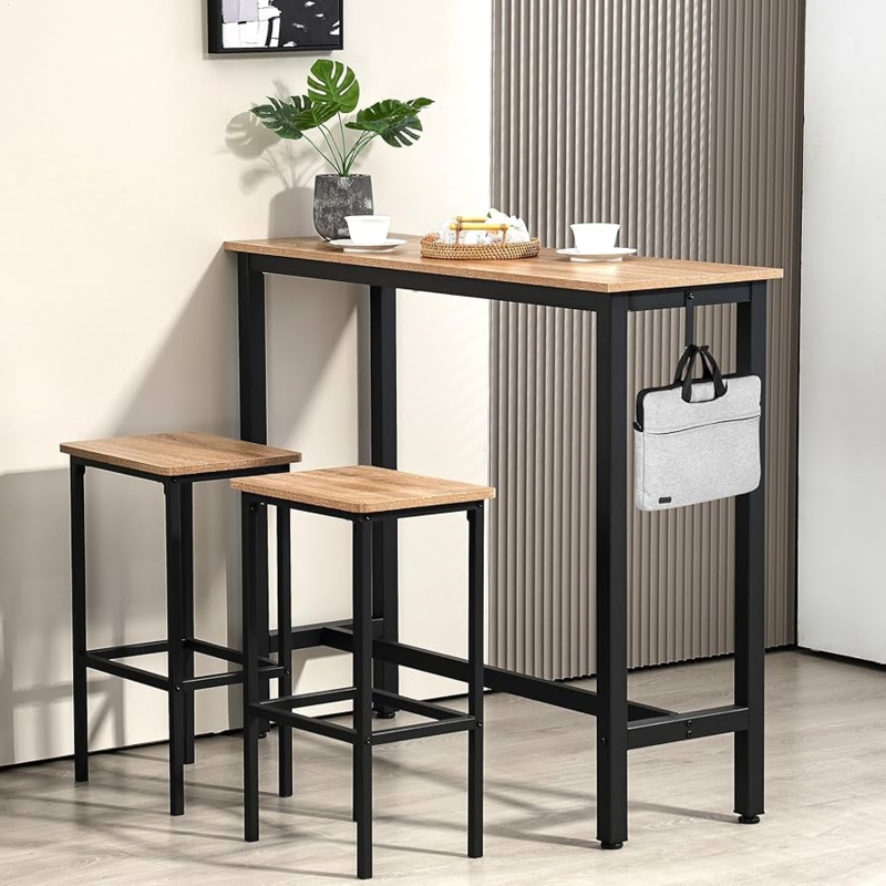 Pub Table Set: Greige Finish, Side Hanging Hook. Space-Saving Pub Table.