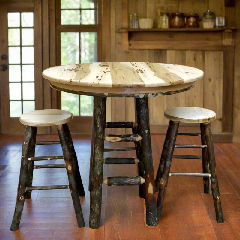 Pub Table Set Hickory Log with Bark-On Legs and Round Striped Top