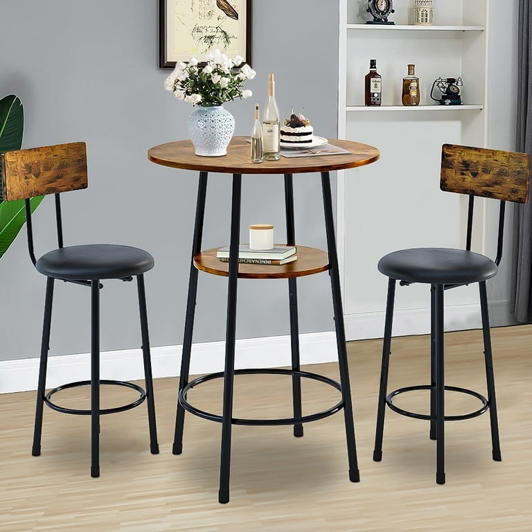 Pub Table Set Padded Round Seats Brown Wood Toned Finish